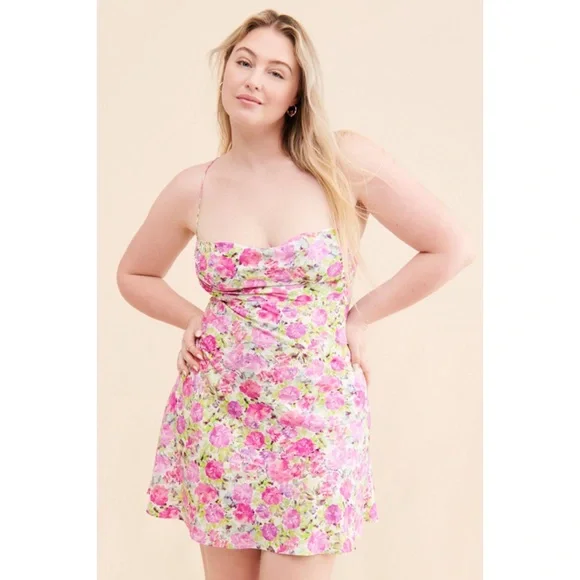 New For Love and Lemons Paulina pink and green floral lace up mini dress XL - Picture 1 of 9